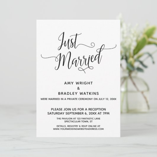 Just Married Elegant Calligraphy Empfang-Only Einladung (Stehend Vorderseite)