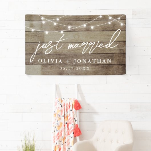 Just Married Elegant Calligraphy Rustic Wedding Banner (Insitu)