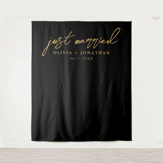 Just Married Elegant Calligraphy Wedding Backdrop Wandteppich (Vorderseite)