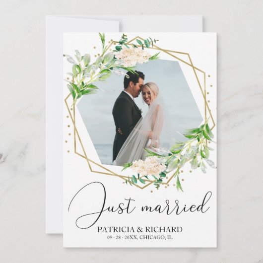 Just Married Elegant Greenery Eloped Ankündigung (Vorderseite)