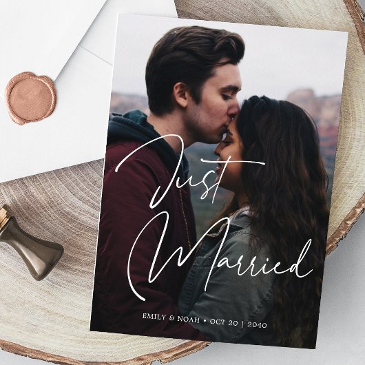 Just Married Elegant Hand Letters Wedding Foto Ankündigung