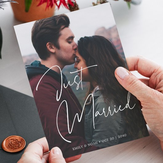 Just Married Elegant Hand Letters Wedding Foto Ankündigung
