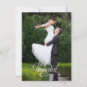 Just Married Elegant Script Photos Wedding Ankündigung (Vorderseite)