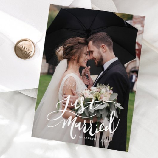Just Married Elegant Script Wedding Foto Ankündigung