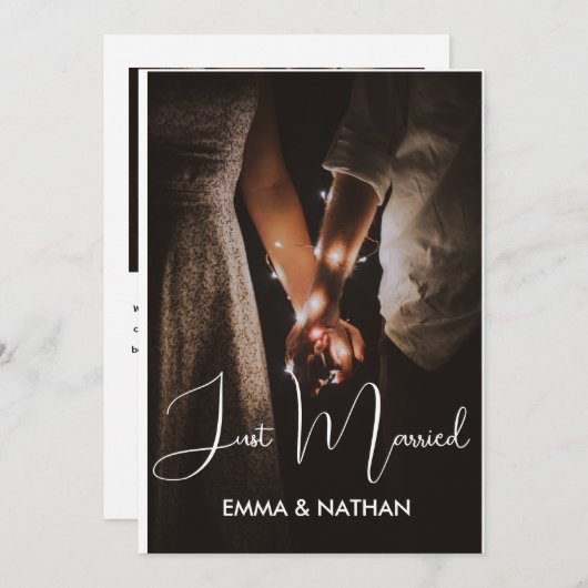 Just Married Elegant Script Wedding Foto Announce Ankündigung (Vorne/Hinten)