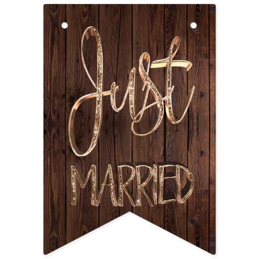 Just Married Elegant Wood Gold Typografy Wedding Wimpelkette (Erste Fahne)
