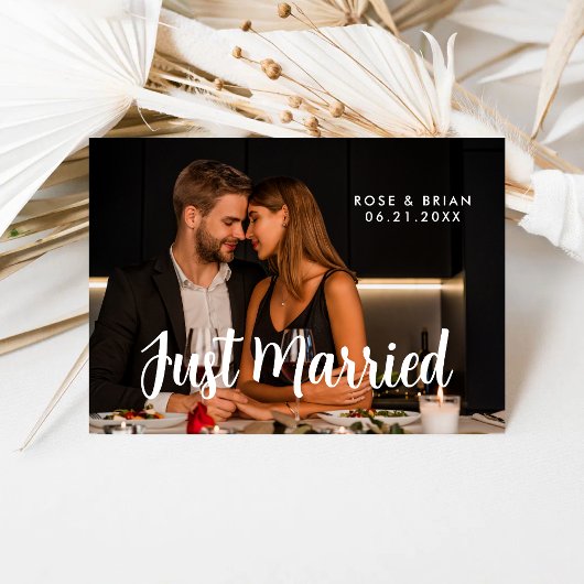 Just Married Elegante Romantic Wedding Foto Card Ankündigung