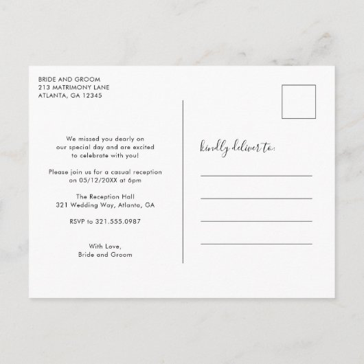 Just Married Elegante Script Foto Elopement Ankündigungspostkarte (Rückseite)