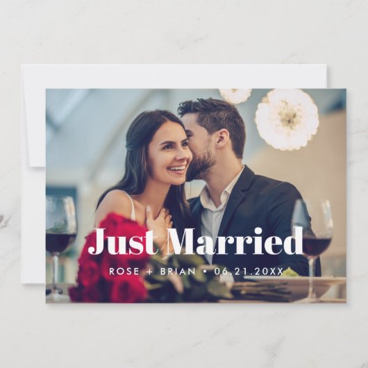 Just Married Elegante Script Wedding Custom Foto Ankündigung (Vorderseite)