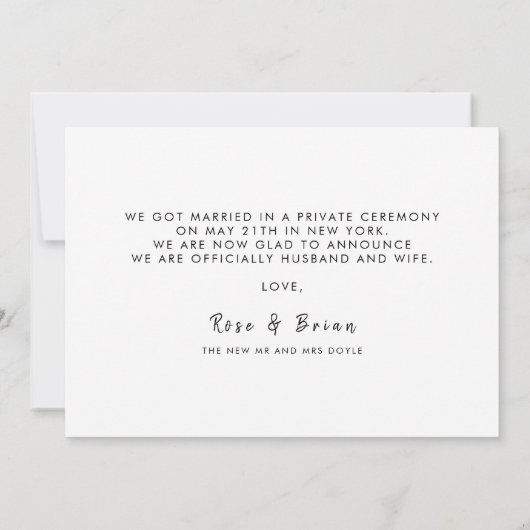 Just Married Elegante Script Wedding Custom Foto Ankündigung (Rückseite)