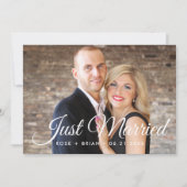 Just Married Elegante Script Wedding Custom Foto Ankündigung (Vorderseite)