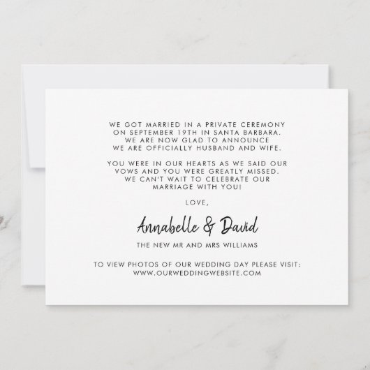 Just Married Elegantes Foto Hochzeit Ankündigung (Rückseite)