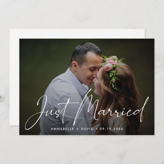 Just Married Elegantes Foto Hochzeit Ankündigung (Vorne/Hinten)