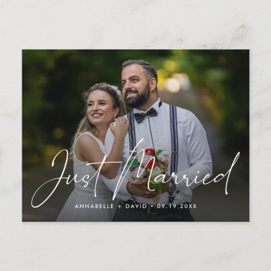 Just Married Elegantes Foto Hochzeit Postkarte (Vorderseite)