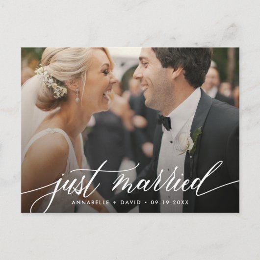 Just Married Elegantes Foto Hochzeit Postkarte (Vorderseite)
