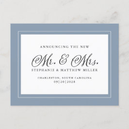 Just Married Elopement Dusty Blue White Elegant Einladungspostkarte