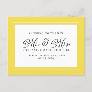 Just Married Elopement Trendy Yellow White Elegant Einladungspostkarte