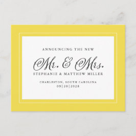 Just Married Elopement Trendy Yellow White Elegant Einladungspostkarte