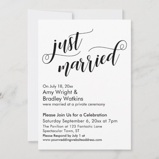 Just Married Extravagant Script Post Wedding Celeb Einladung (Vorderseite)