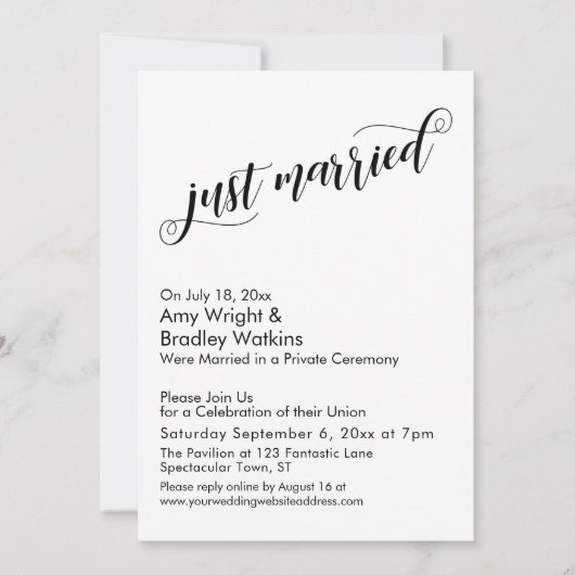 Just Married Extravagant Script Post Wedding Celeb Einladung (Vorderseite)