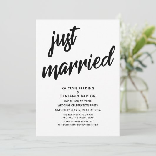 "Just Married" - Fett-Script-Hochzeitsempfang Einladung (Stehend Vorderseite)