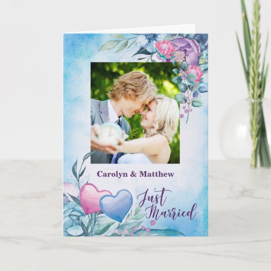 Just Married Foto Ankündigung Lila und blau (Vorderseite)