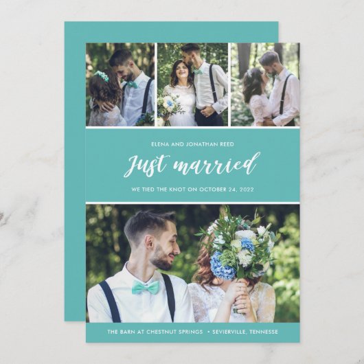 Just Married Foto Collage Hochzeitsankündigung Einladung (Vorne/Hinten)