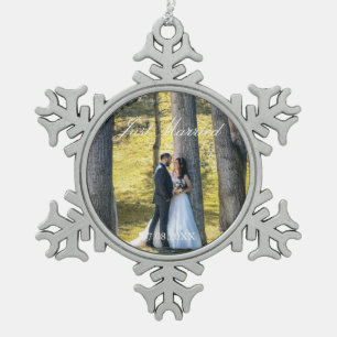 Just Married Foto Schneeflocken Zinn-Ornament