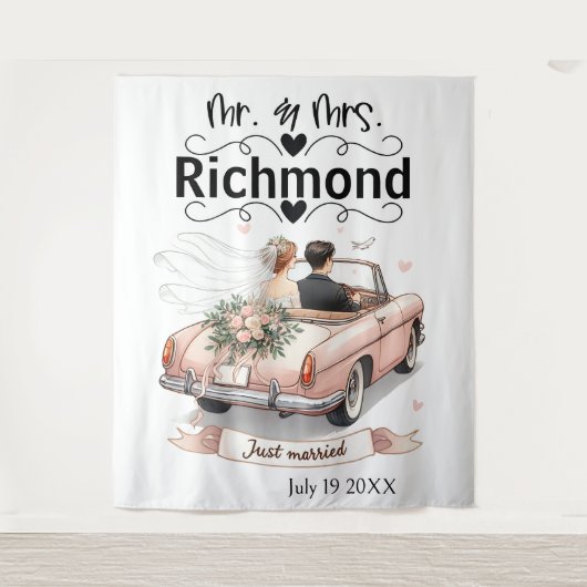 Just Married Getaway - Hintergrund für Hochzeiten Wandteppich (Vorderseite)