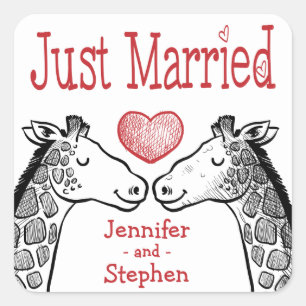 Just Married Giraffe Black, Red Burgundy Wedding Quadratischer Aufkleber