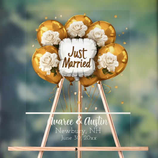Just Married Gold Balloons White Roses Acrylschild (Neutral)