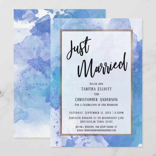 Just Married Gold Border Abstrakt Blue Splashes Einladung (Vorne/Hinten)