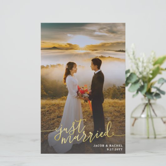 Just Married Gold Full Foto Hochzeitsankündigung (Stehend Vorderseite)