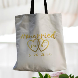 Just Married Gold Heart Monogram Wedding Tragetasche