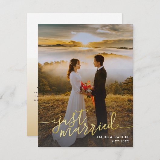 Just Married Gold Script Overlay Foto Hochzeit Ankündigung (Vorne/Hinten)