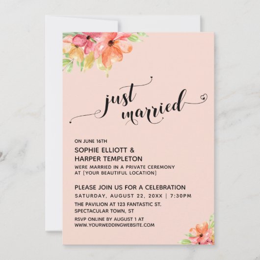 Just Married Hearts Script Blush Boho Blume Einladung (Vorderseite)