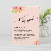 Just Married Hearts Script Blush Boho Blume Einladung (Stehend Vorderseite)