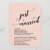 Just Married Hearts Typografy Blush Empfang Einladung (Vorne/Hinten)