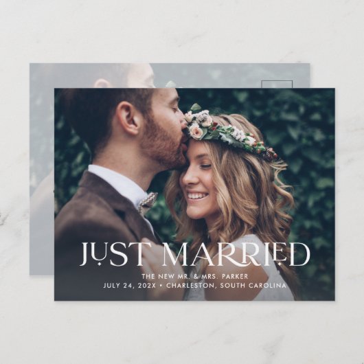 Just Married | Hochzeitseleganz für zwei Fotos Ankündigungspostkarte (Vorne/Hinten)