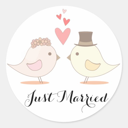 Just Married Lovebirds Pink Wedding Ankündigung Runder Aufkleber (Vorderseite)