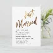 Just Married Minimal Gold Calligraphy Empfang Einladung (Stehend Vorderseite)