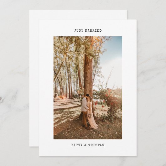 Just Married Minimal Schreibwriter Foto Elopement Ankündigung (Vorne/Hinten)