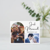 Just Married Modern Arch 2 Foto Collage Ankündigungspostkarte (Stehend Vorderseite)