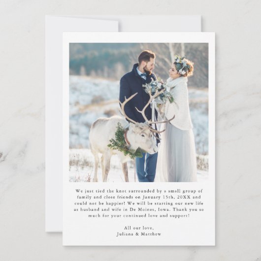 Just Married Modern Script Wedding Foto Ankündigung (Rückseite)