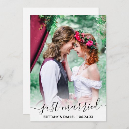 Just Married Modern Trendly Script Overlay Card Dankeskarte (Vorne/Hinten)