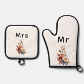 Just Married Mr. & Mrs. | Hochzeitsflormonogramm Ofenhandschuh & Topflappen-Set (Vorderseite)