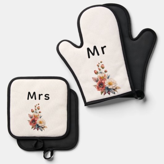 Just Married Mr. & Mrs. | Hochzeitsflormonogramm Ofenhandschuh & Topflappen-Set (Vorderseite/Rückseite)