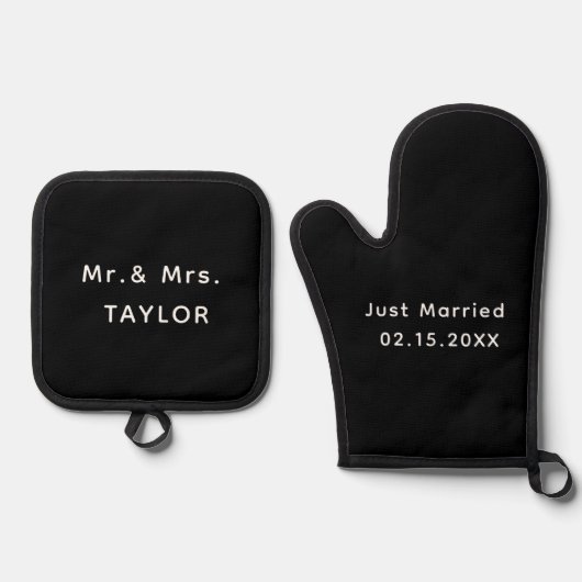 Just Married Mr. & Mrs. | Hochzeitsmonogramm Ofenhandschuh & Topflappen-Set (Vorderseite)