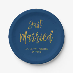 Just Married Navy Blue and Gold Foil Paper Teller