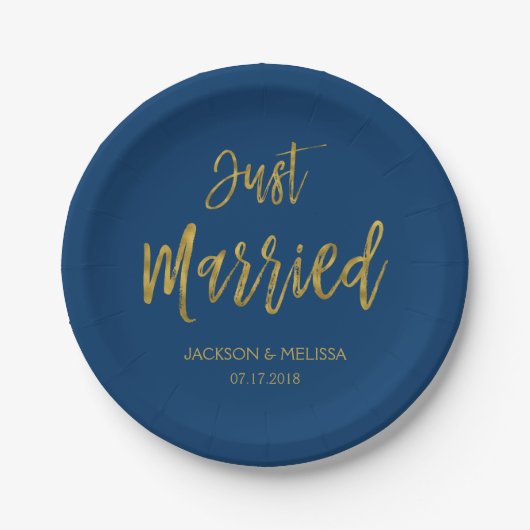 Just Married Navy Blue and Gold Foil Paper Teller (Vorderseite)